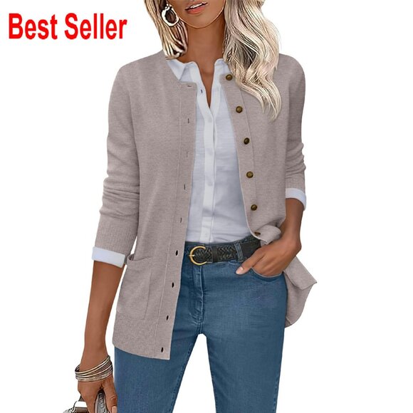 Sweaters - Soft Knit Cardigan Crewneck Open Front Fall Casual Dressy Chic Sweater
